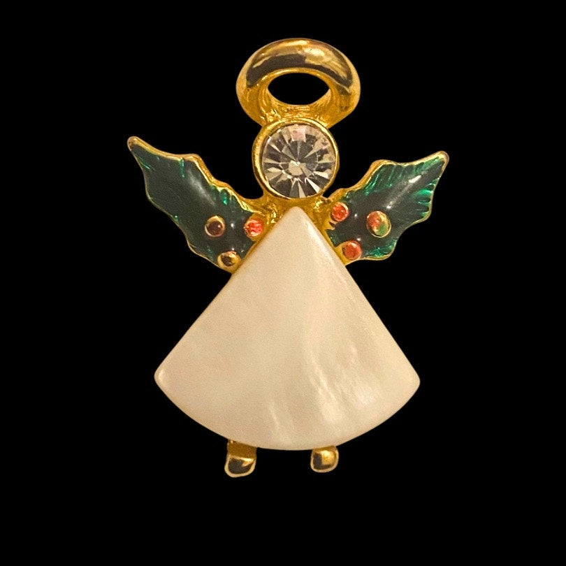 Y2K Gold and Austrian Stone Holly Leaf Winged Angel Pin
