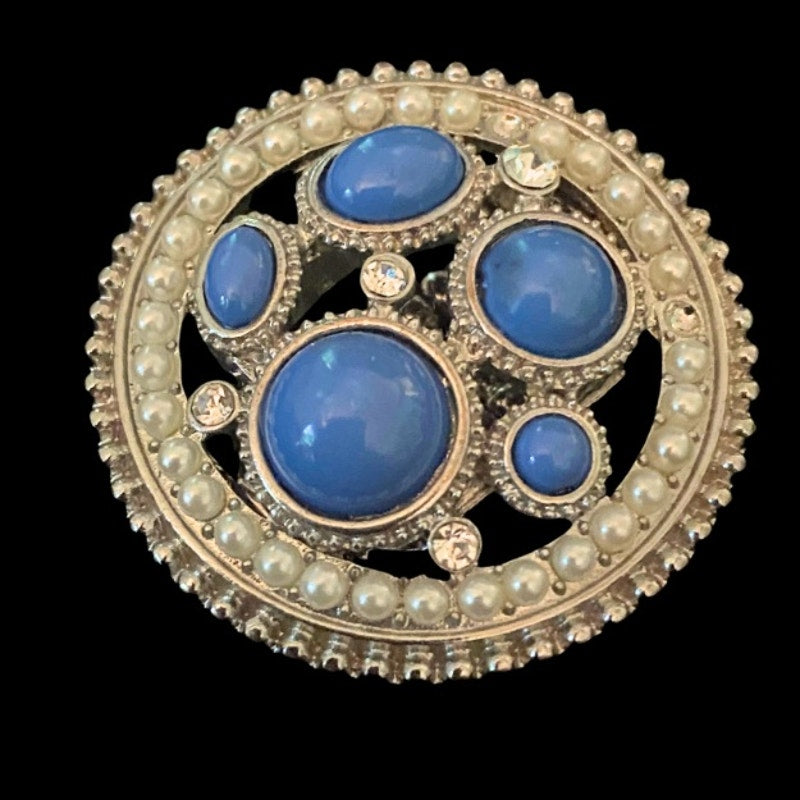 Round Mock Turquoise & Pearl Studded Costume Silver Cocktail Ring (7-9)
