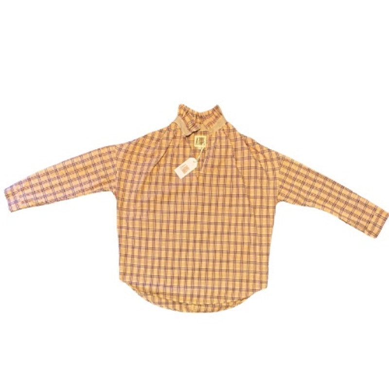 NWT Oversized Peach/Burgundy/Tan Plaid Ruffle Collar Long Sleeve Cotton Shirt (M)