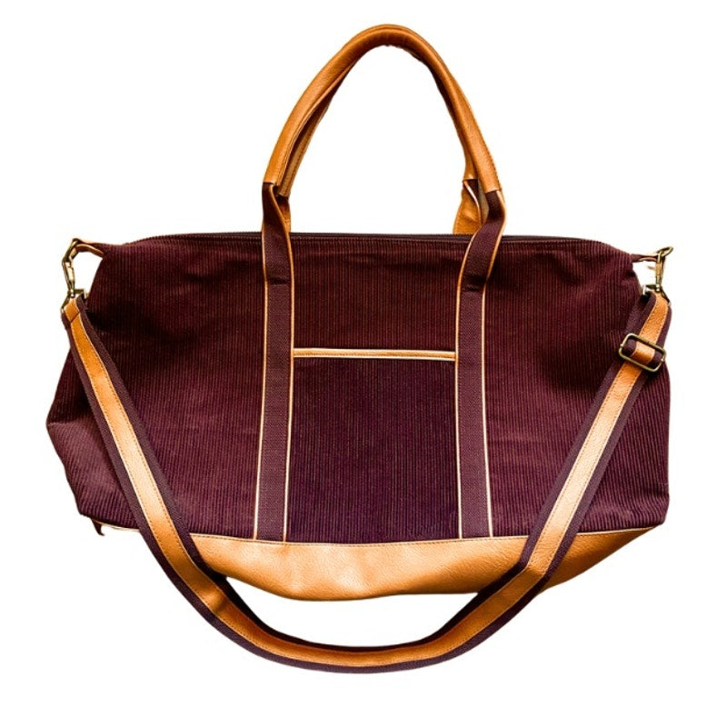 Large Maroon Corduroy Tan Faux Leather Weekender Bag with Adjustable Shoulder Strap