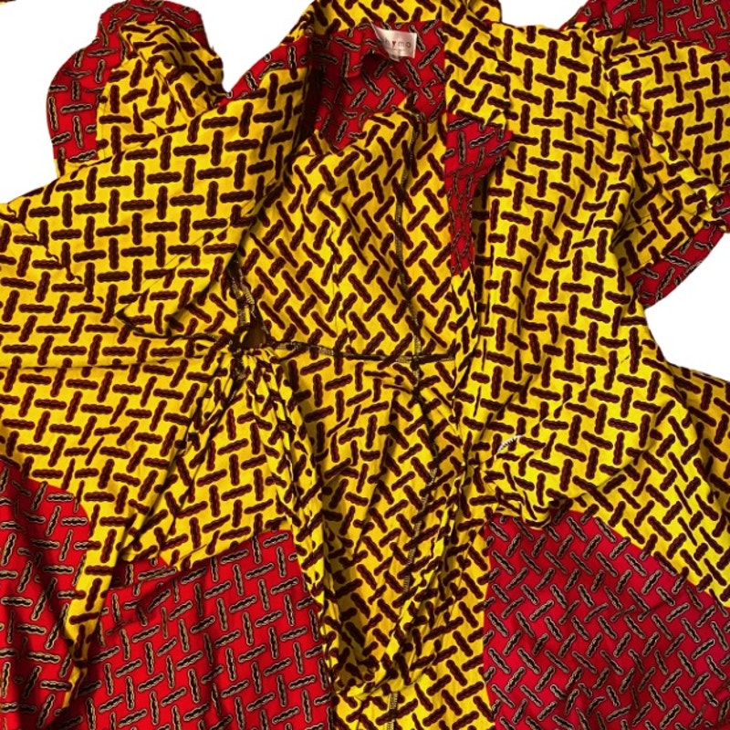 Vibrant Yellow Black & Red Geometric Ankara Print 100% Cotton Layered Wrap Dress (S)