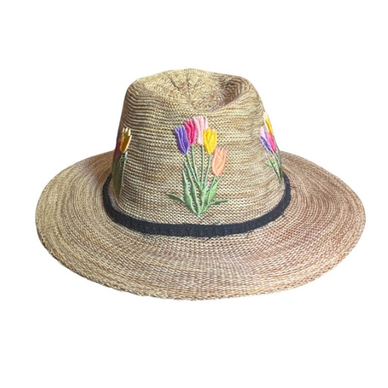 Upcycled Pink/Purple/Yellow Tulip Patch Straw Fedora