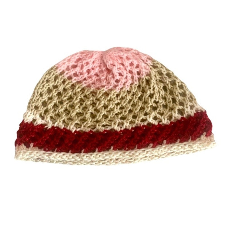 Pink/Tan/Red/Cream Colorblock Retro Style Knit Mesh Skull Cap (S/M)