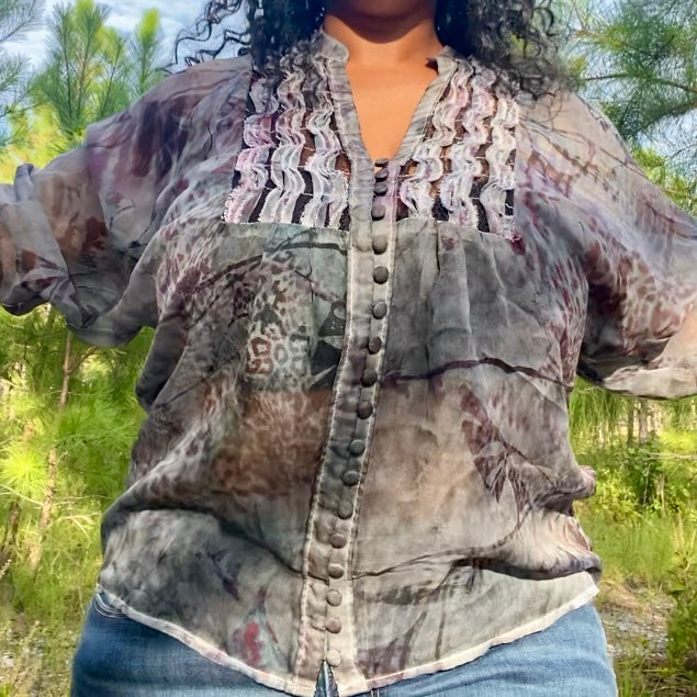 Sheer Grey/Purple Abstract Print Blouse (L)