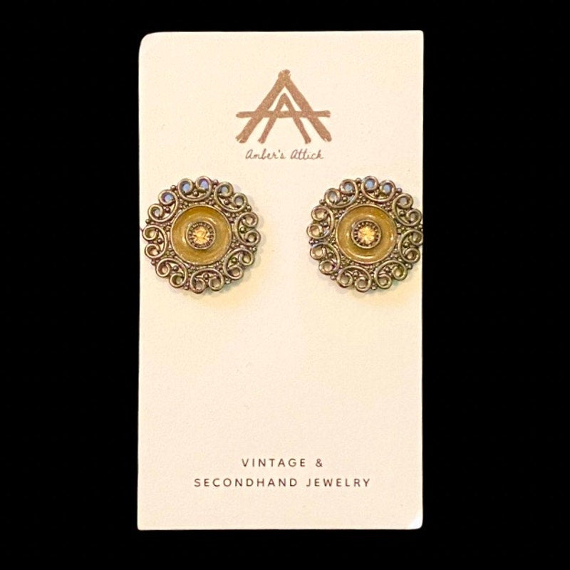 Antique Recreation Goldenrod Cannetille Pewter Round Flower Stud Earrings