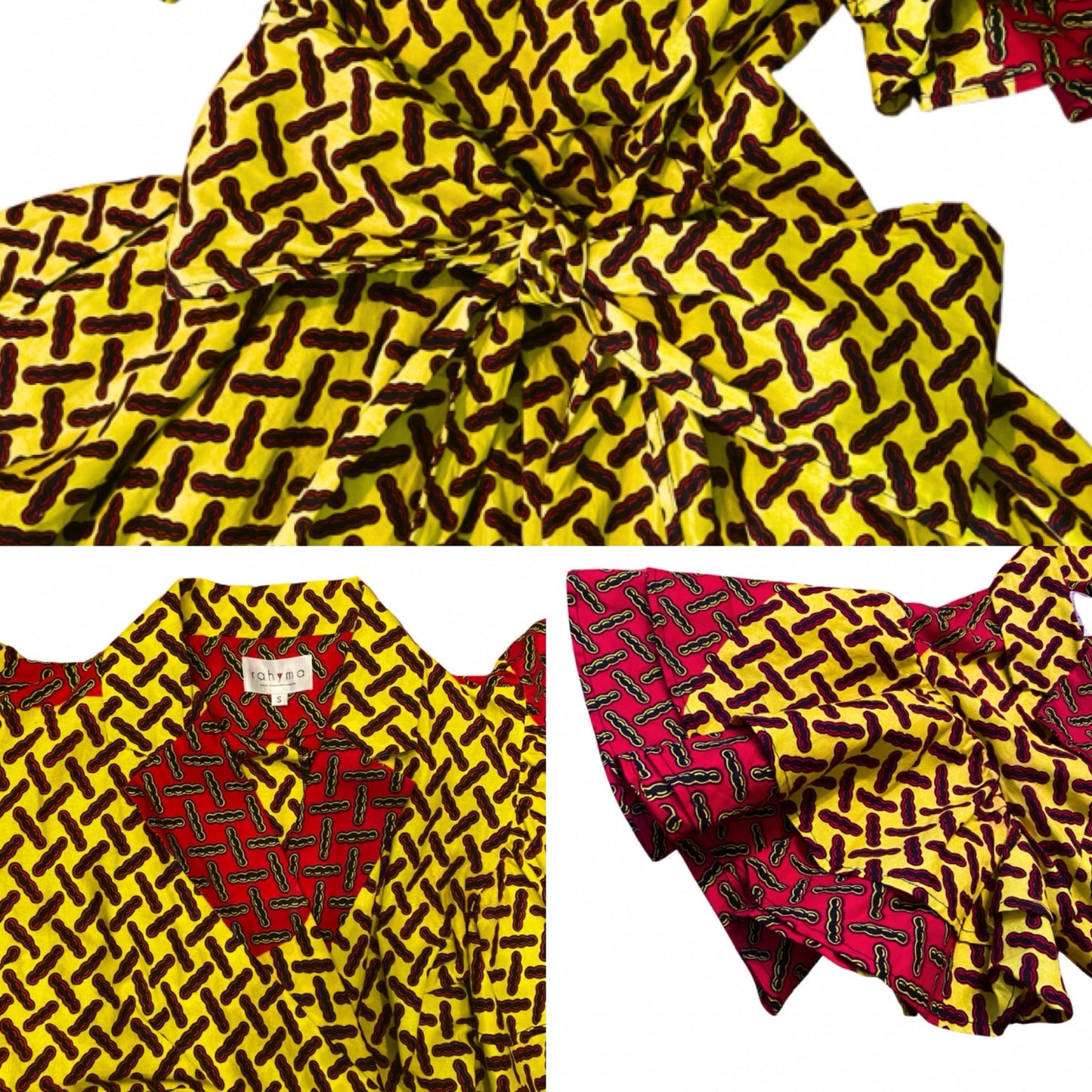 Vibrant Yellow Black & Red Geometric Ankara Print 100% Cotton Layered Wrap Dress (S)