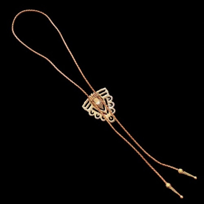 Art Deco Mock Yellow Topaz & Rhinestone Studded Triangle Camel Brown Leather Cord Bolo Tie