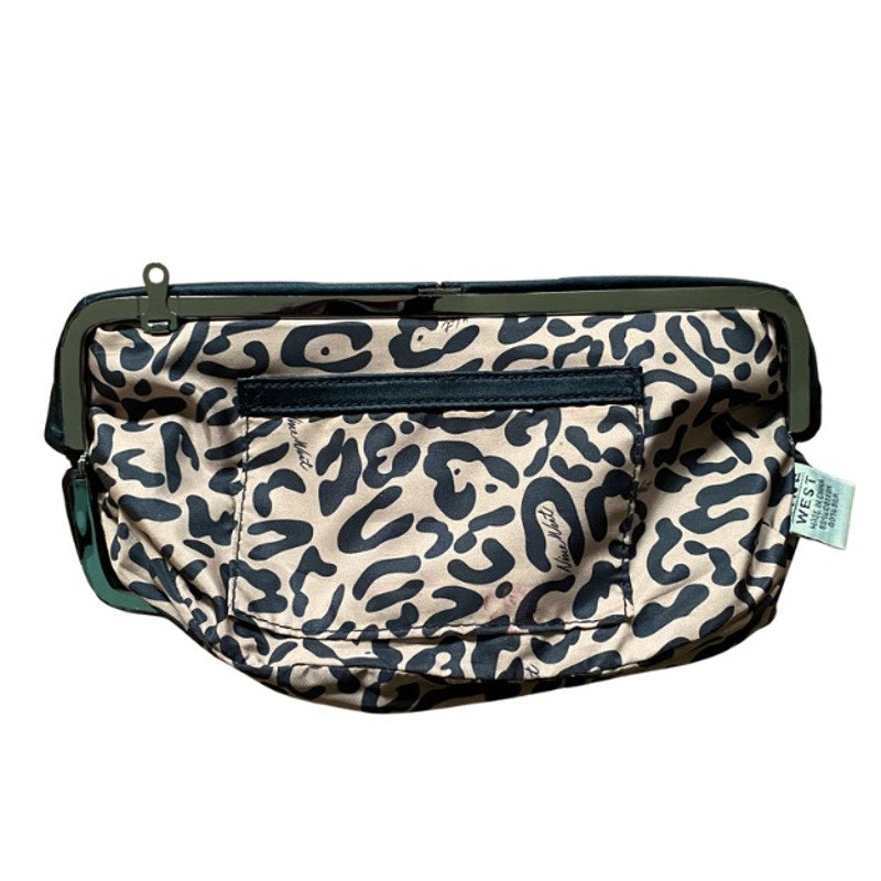 Y2K Cheetah Print Lined Pleated Black Satin Clutch/ Crossbody with Silver Chain Strap
