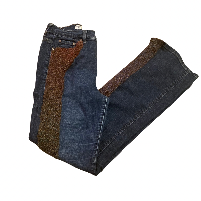 70’s Inspired Upcycled Secondhand Levi Bootcut 512 Jeans with Handknit Accents (10 M)