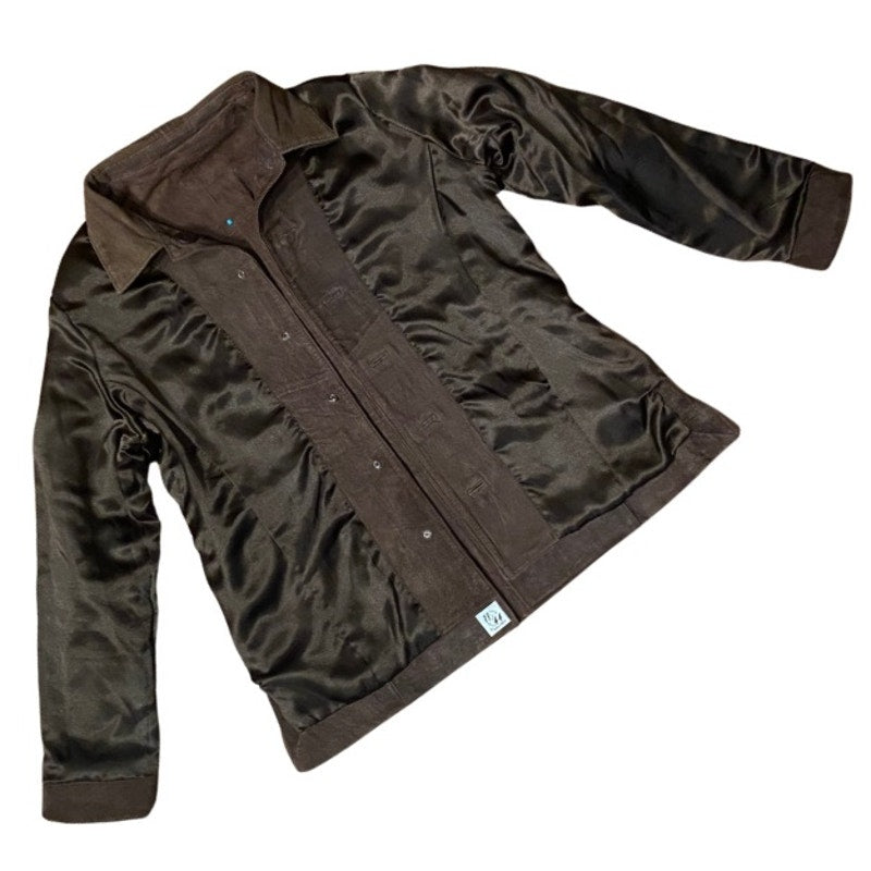 Upcycled Vintage Turquoise Bead Studded Chocolate Brown Suede Genuine Leather Jacket (S)