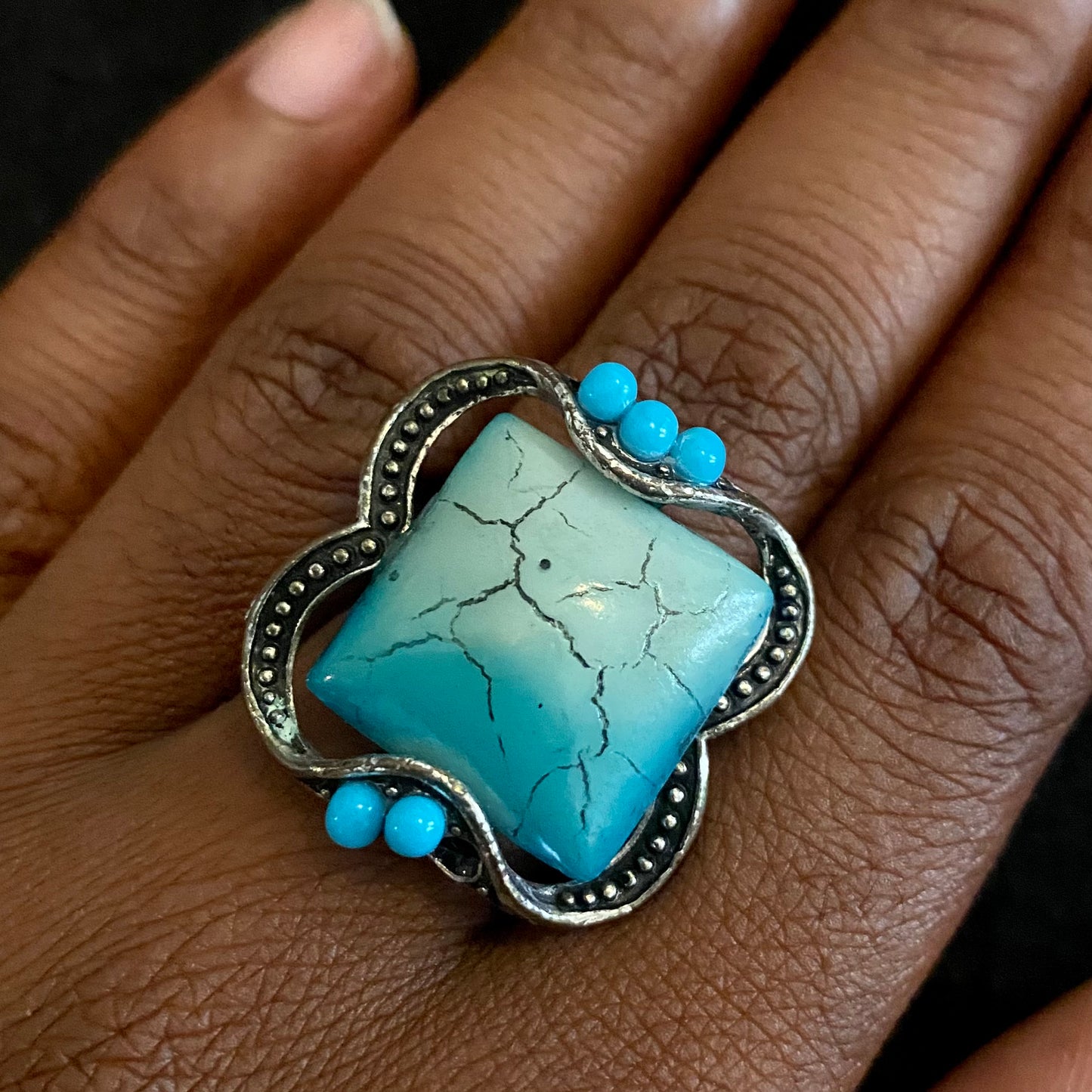 Vintage Unisex Costume Turquoise & Silver Signet Ring