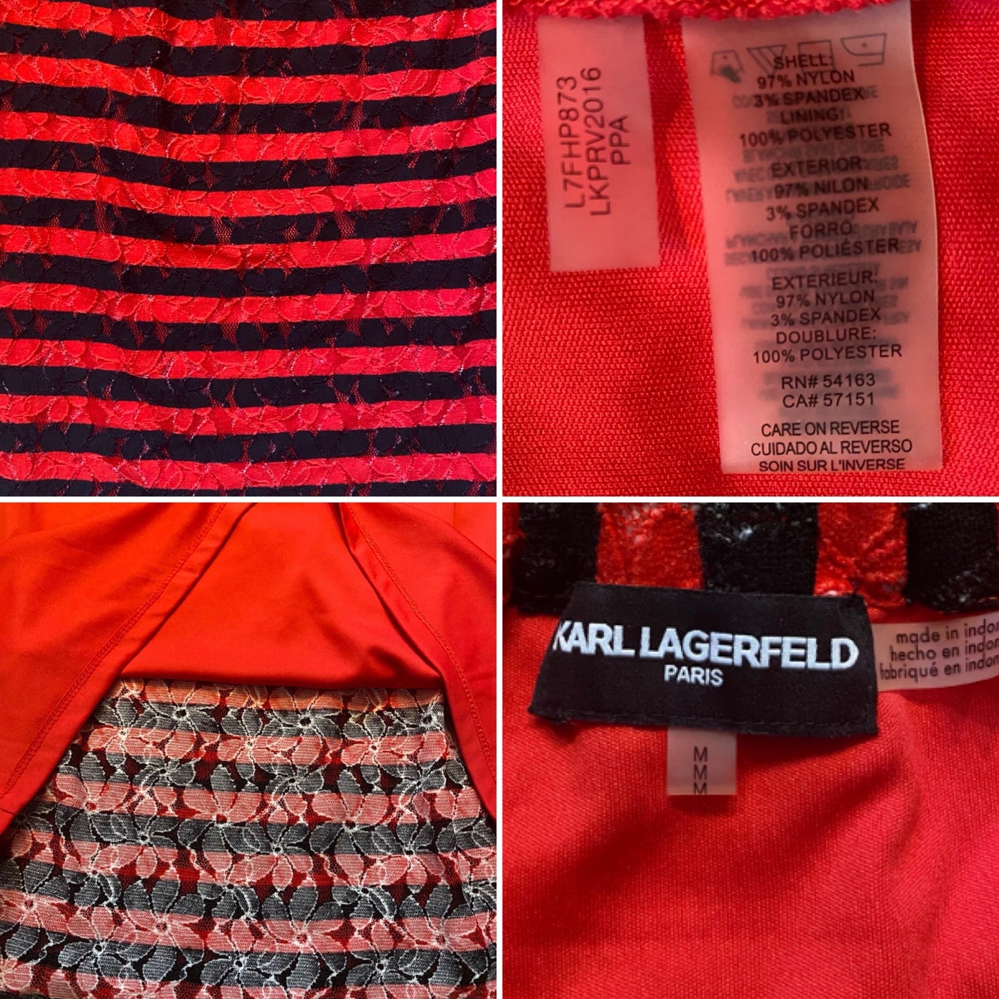 Black and Red Striped Floral Lace Off Shoulder Blouse (M)