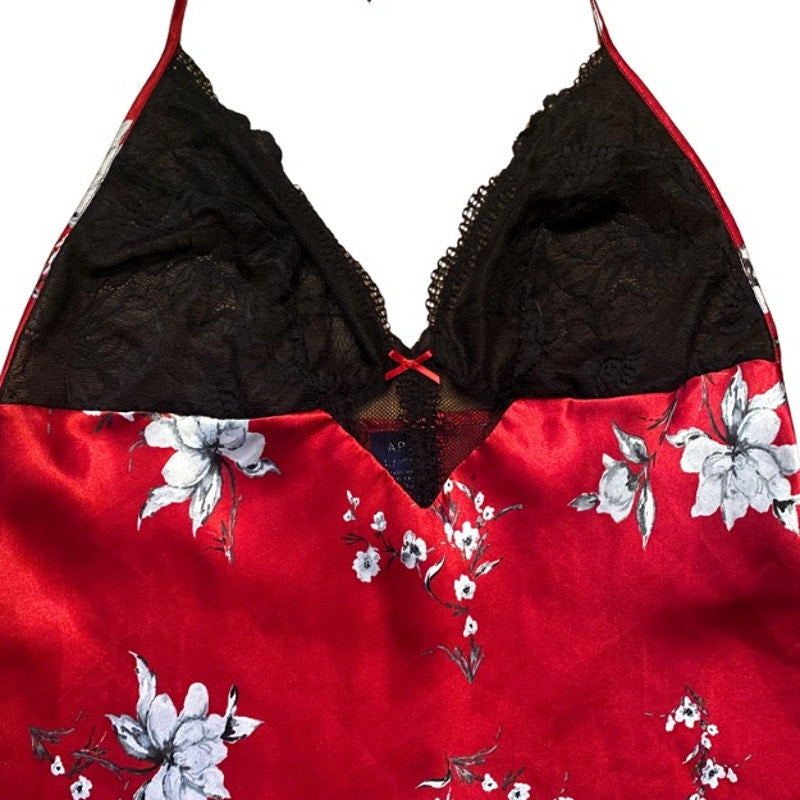 Y2K Black, Red, & White Satin Floral Halter Top Night Dress (L)