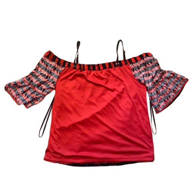 Black and Red Striped Floral Lace Off Shoulder Blouse (M)