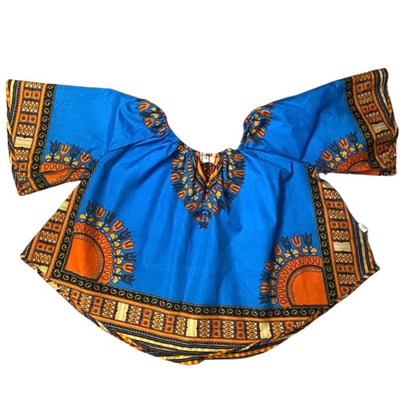Off Shoulder Breezy Blue/Orange Ankara Dashiki Print Blouse (Fits up to 2X)