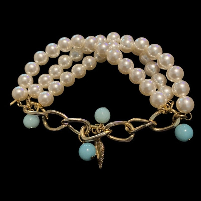 Triple Strand Faux Pearl and Aquamarine Beaded Stretch Bracelet