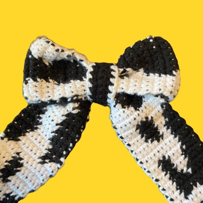 Black & White Cowprint Crochet Bow - Handmade Accessory with Removable Clip