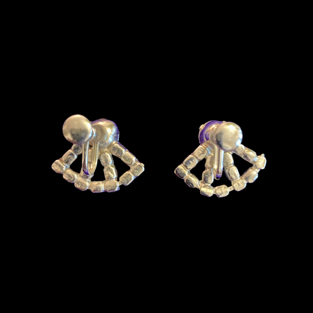 Vintage Silver & Blue Rhinestone Studded Fan Earrings