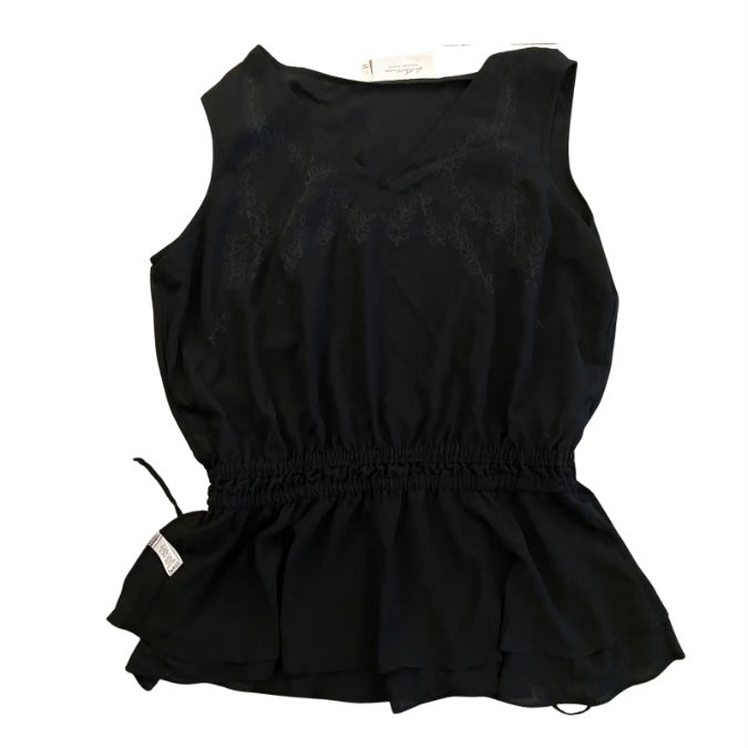 V-Neck Sleeveless Black & White Embroidered Drawstring Waist Chiffon Tank (L)
