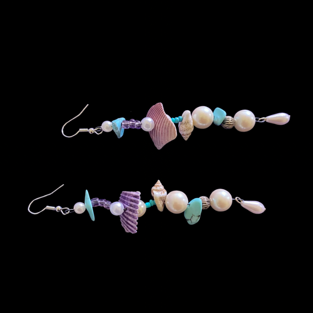 Alana | Purple/ Multi Shell Mock Pearl Beaded Wavy Dangle Earrings