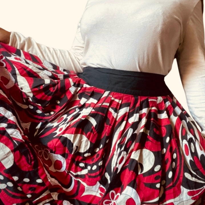 🔔 100% Cotton Red/ Black/White Retro Groovy Floral Circle Midi Skirt w/ Sash (L)