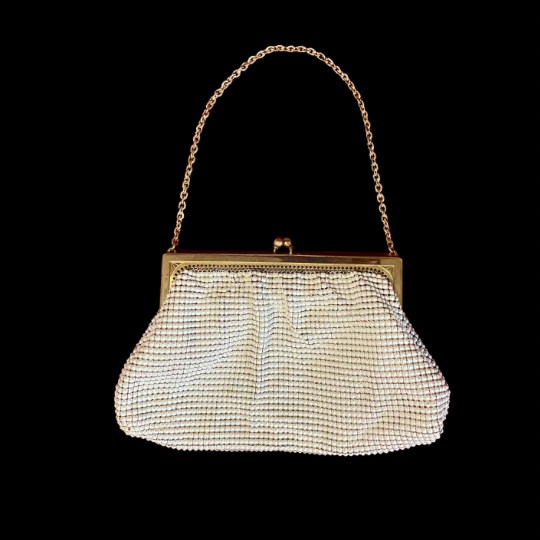 Vintage Small 60’s/70’s Pearly White Acrylic Mesh/ Brass Metal Frame Evening Bag