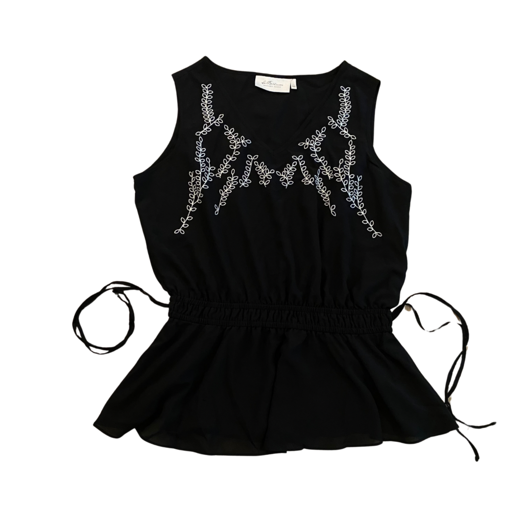 V-Neck Sleeveless Black & White Embroidered Drawstring Waist Chiffon Tank (L)