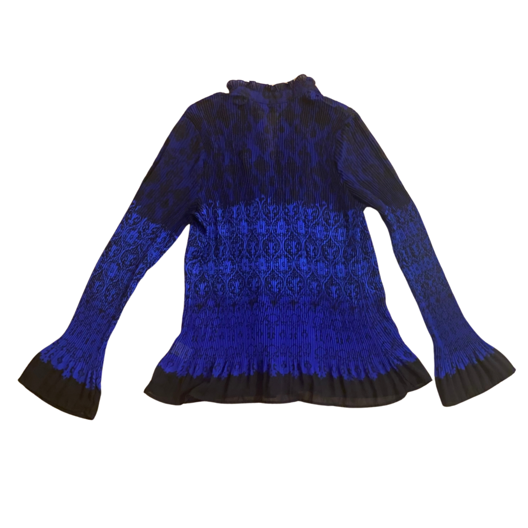 Sheer Ombré Royal Blue & Black Floral Damask Print Ruffled Bell Sleeve Button-Down Blouse (L)