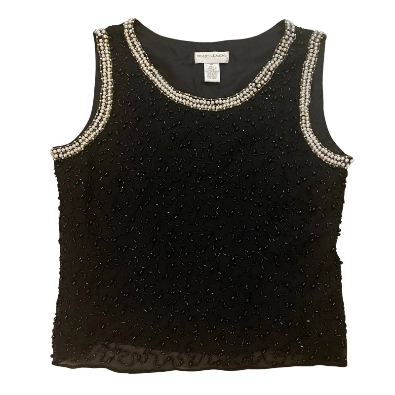 🔔 Vintage Women’s Black, Pearl & Bead-Embroidered Black Silk Sleeveless Top (14P)
