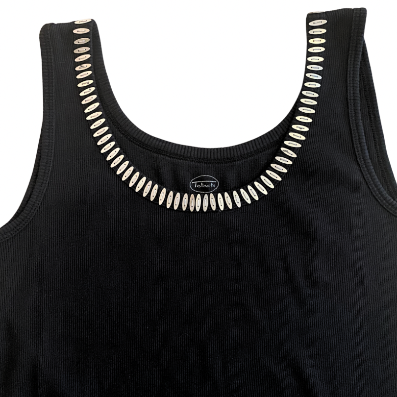Y2K Embellished Silver & Black Ribbed Cotton Tank Top (S)