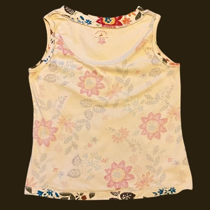 Cream/Red/Multi Floral Pattern V-Neck 100% Cotton Vest/ SleevelessTop (8-10)
