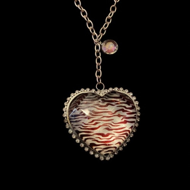 Chunky Resin Zebra Print Rhinestone Heart Silver Toned Metal Pendant Necklace
