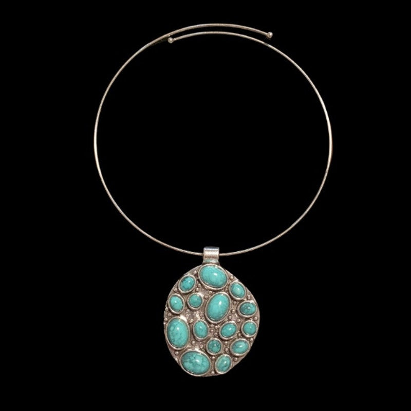 Southwestern Style Mock Turquoise Studded Silver Toned Abstract Oval Pendant Necklace and Earring Set