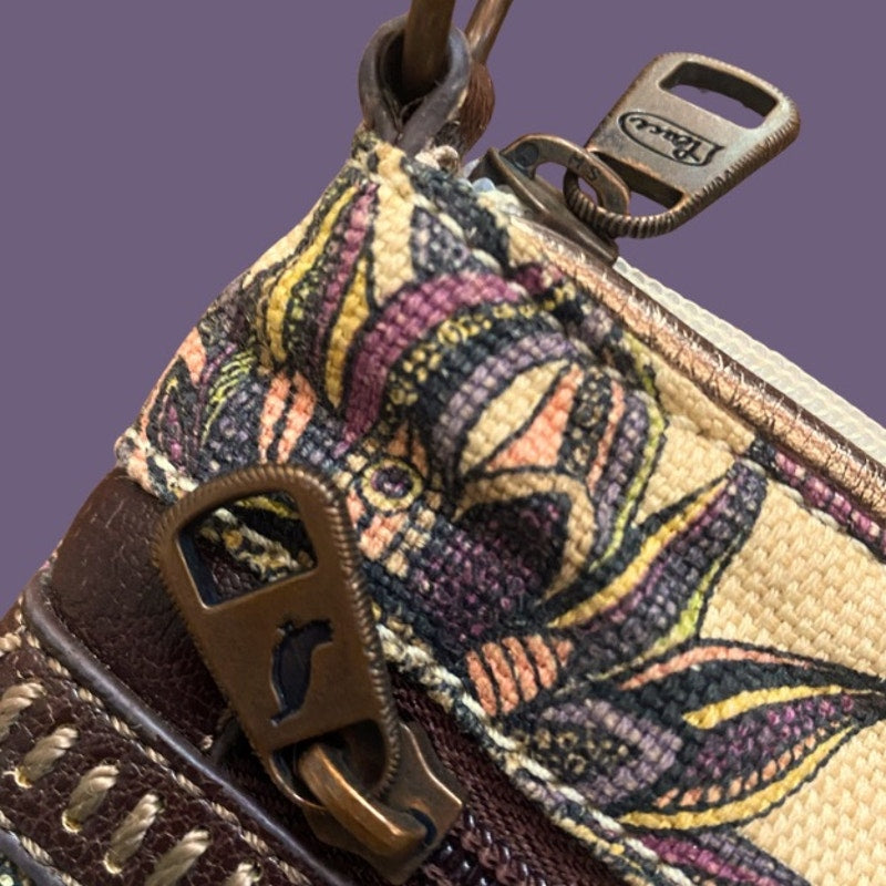 Small Earthy Peace Owl Printed Canvas Crossbody Bag with Dark Brown Faux Leather Strap