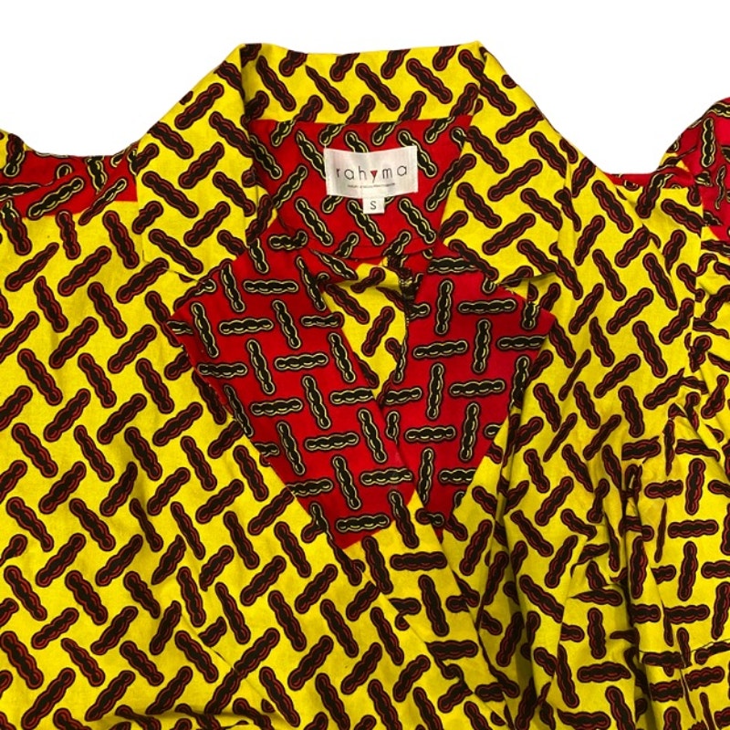 Vibrant Yellow Black & Red Geometric Ankara Print 100% Cotton Layered Wrap Dress (S)