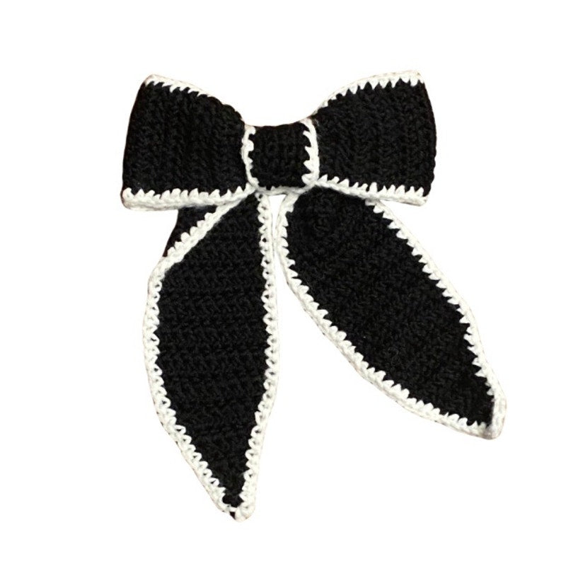 Black Crochet Bow with Cream Trim - Handmade Accessory with Removable Clip