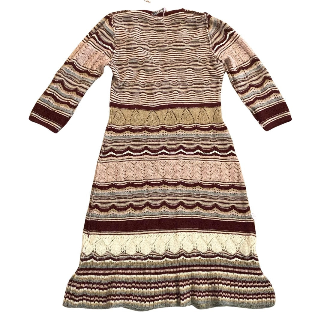 NWT V-Neck Pink/ Burgundy/ Cream/ Striped Baby Alpaca Wool Knit Ruffle Hem Dress (L)