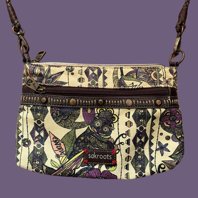Small Earthy Peace Owl Printed Canvas Crossbody Bag with Dark Brown Faux Leather Strap
