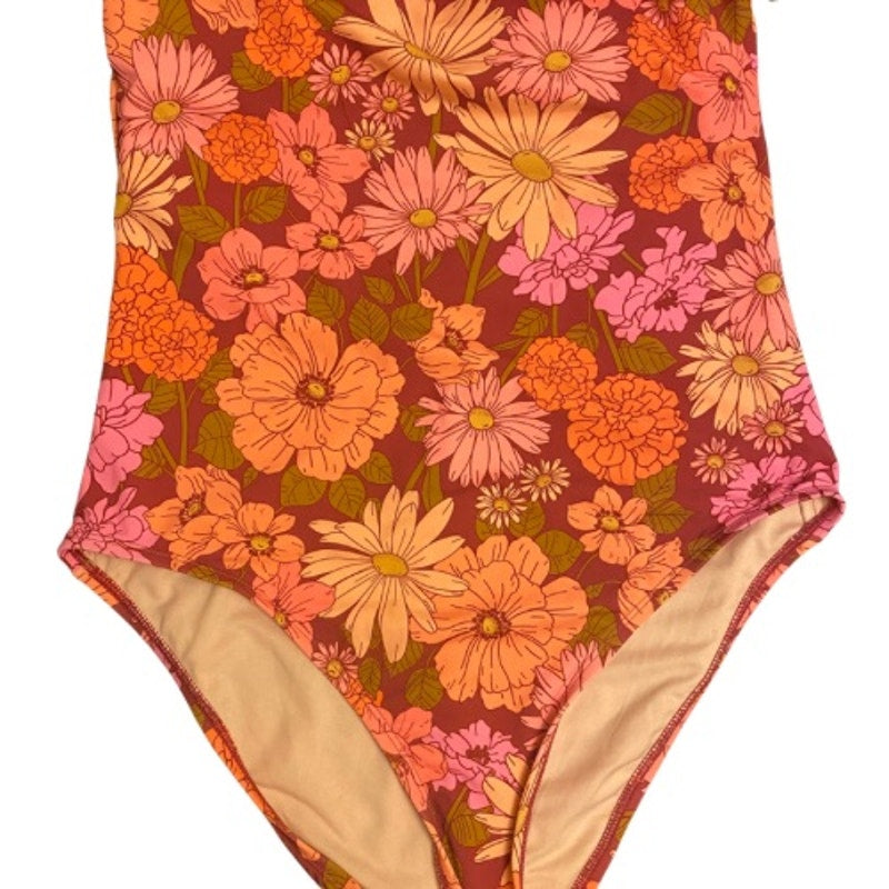 NWT Pink Strapless/Halter Pink and Orange Flower Power One-Piece Swimsuit (L)