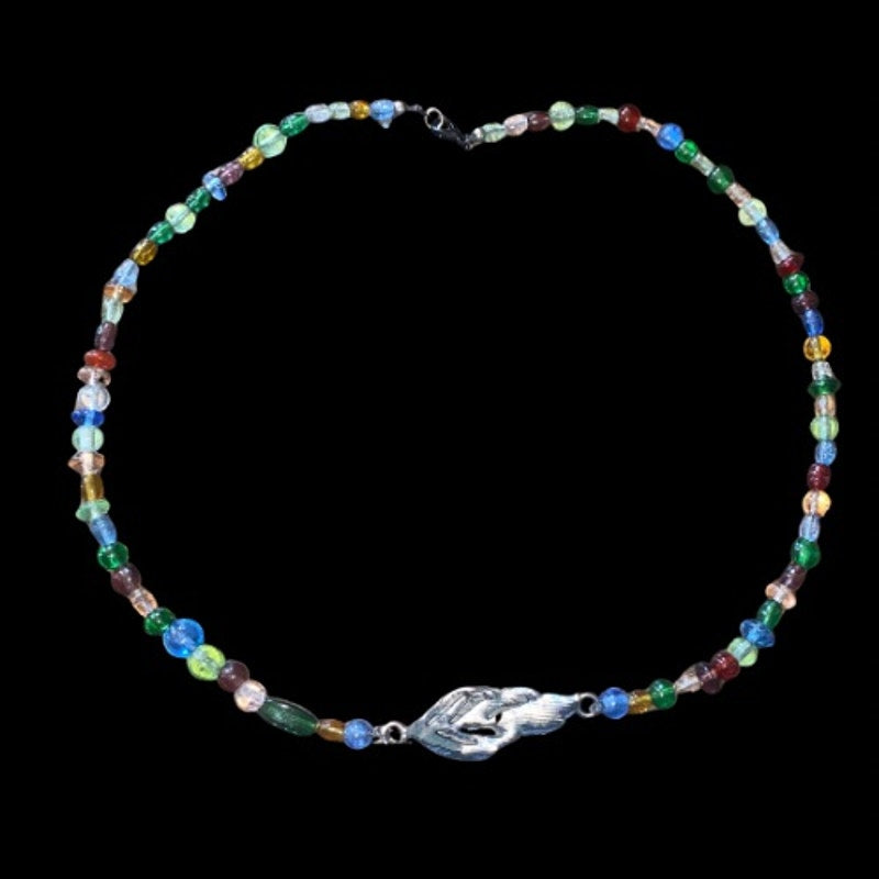 Morning Dew Silver Toned Leaf Link Pendant Rainbow Beaded Necklace
