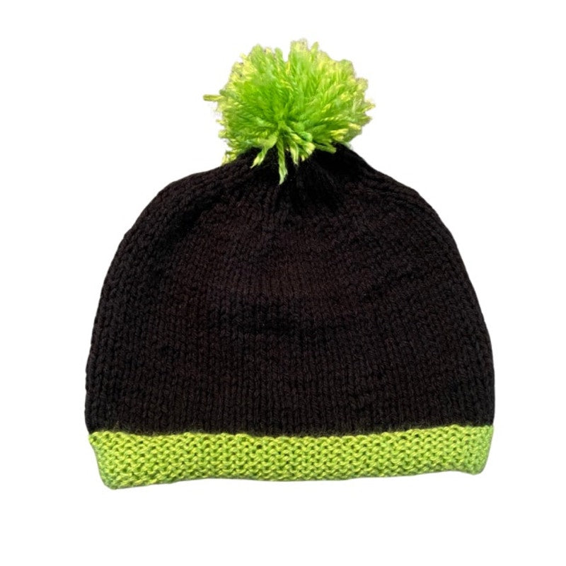 Black & Lime Green Pom Pom Knit Beanie (L)