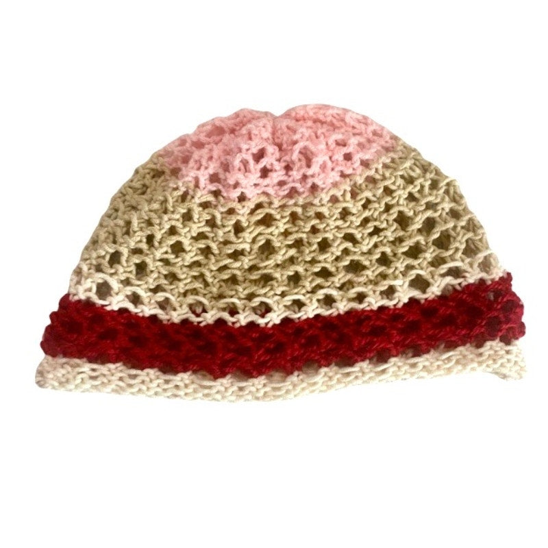 Pink/Tan/Red/Cream Colorblock Retro Style Knit Mesh Skull Cap (S/M)