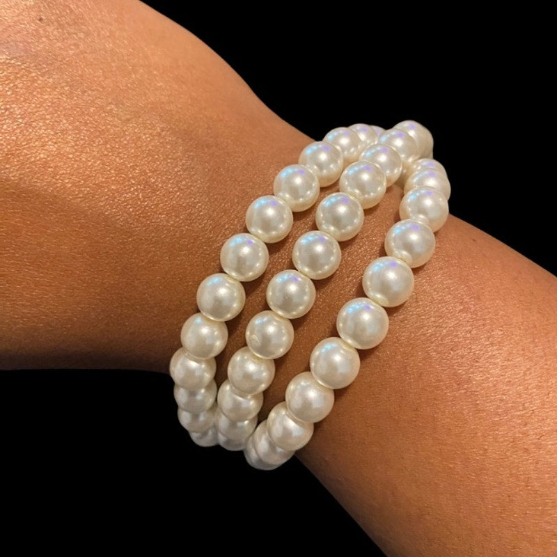Triple Strand Faux Pearl and Aquamarine Beaded Stretch Bracelet