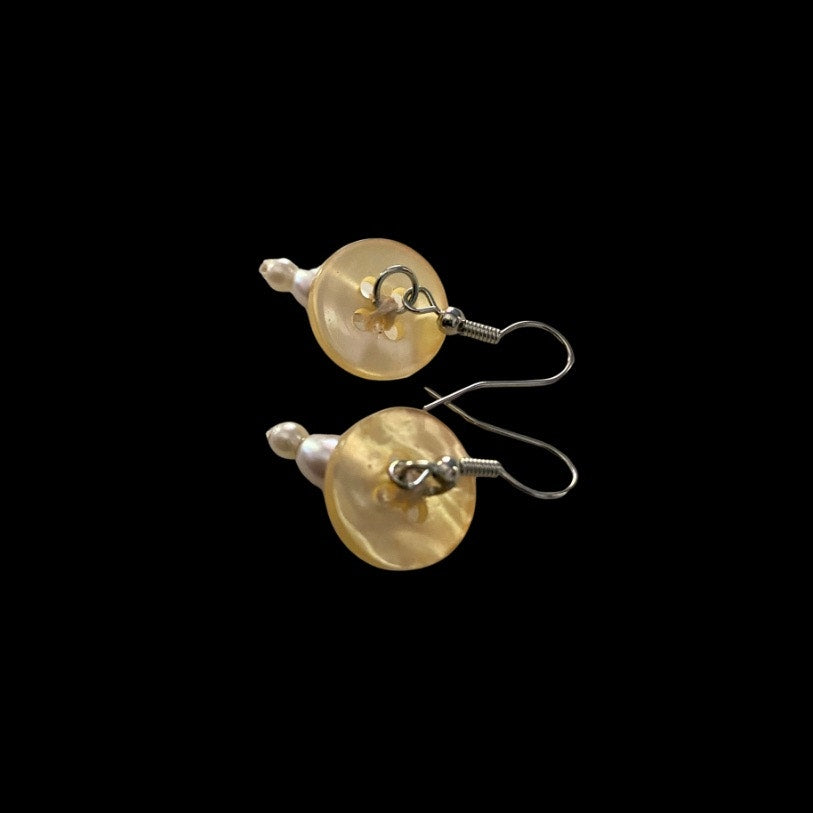 Yellow Vintage Pearl Bead & Button Mushroom Earrings