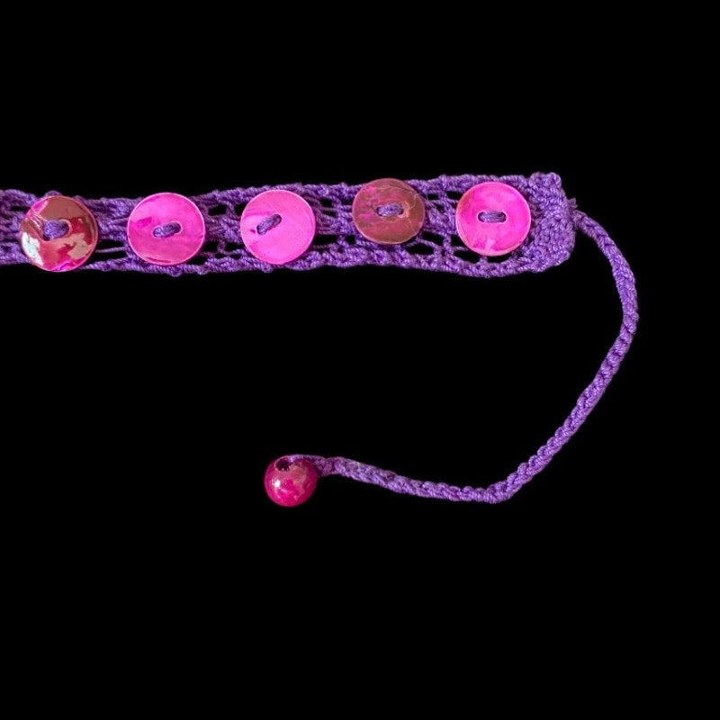 Magenta Purple Shell Button Embellished Purple Handknit Cotton Choker Necklace