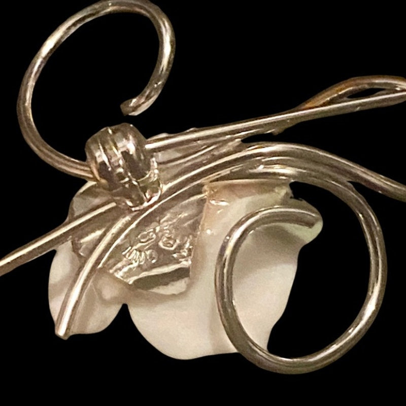 Vintage Dainty Sterling Silver White Ceramic Rose Pin