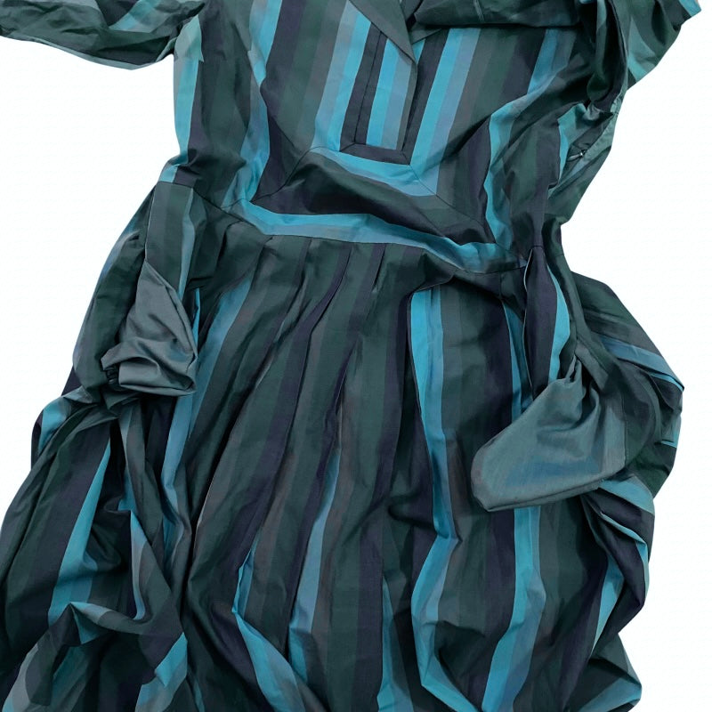 π Issac Mizrahi Blue Striped Collared Fit & Flare Pleated Midi Dress (14)