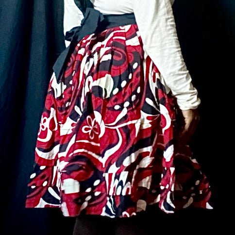🔔 100% Cotton Red/ Black/White Retro Groovy Floral Circle Midi Skirt w/ Sash (L)
