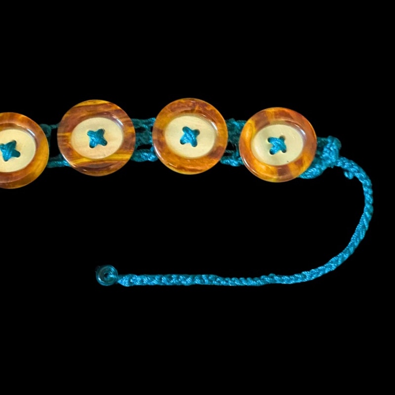Faux Mother of Pearl /Tortoiseshell Button Embellished Handknit Teal Cotton Choker Necklace