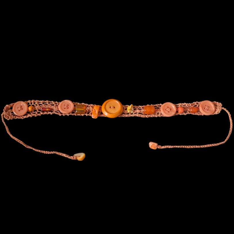 Orange Button Embellished Handknit Cotton Choker Necklace